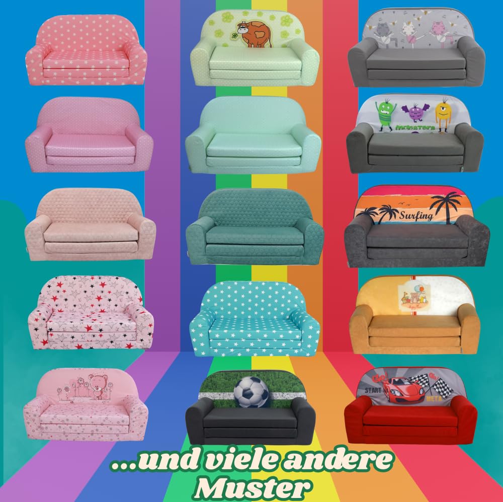 FORTISLINE Kindersofa MINI ausklappbar 78 x 40 x 45 cm - Kindercouch aus Mikrofaser mit Liegefläche 104 cm, abnehmbarem waschbarem Bezug, Oeko-TEX Standard 100 Sterne Grau