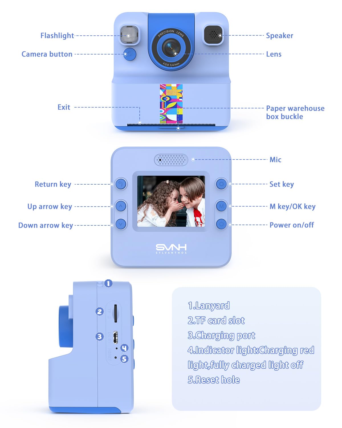 Kinder Sofortbildkamera, Sofortdruck Kamera für Kinder, 180° drehbares Selfie Objektiv mit 32GB SD-Karte – Geschenk für Jungen & Mädchen (3–12 Jahre), Blau