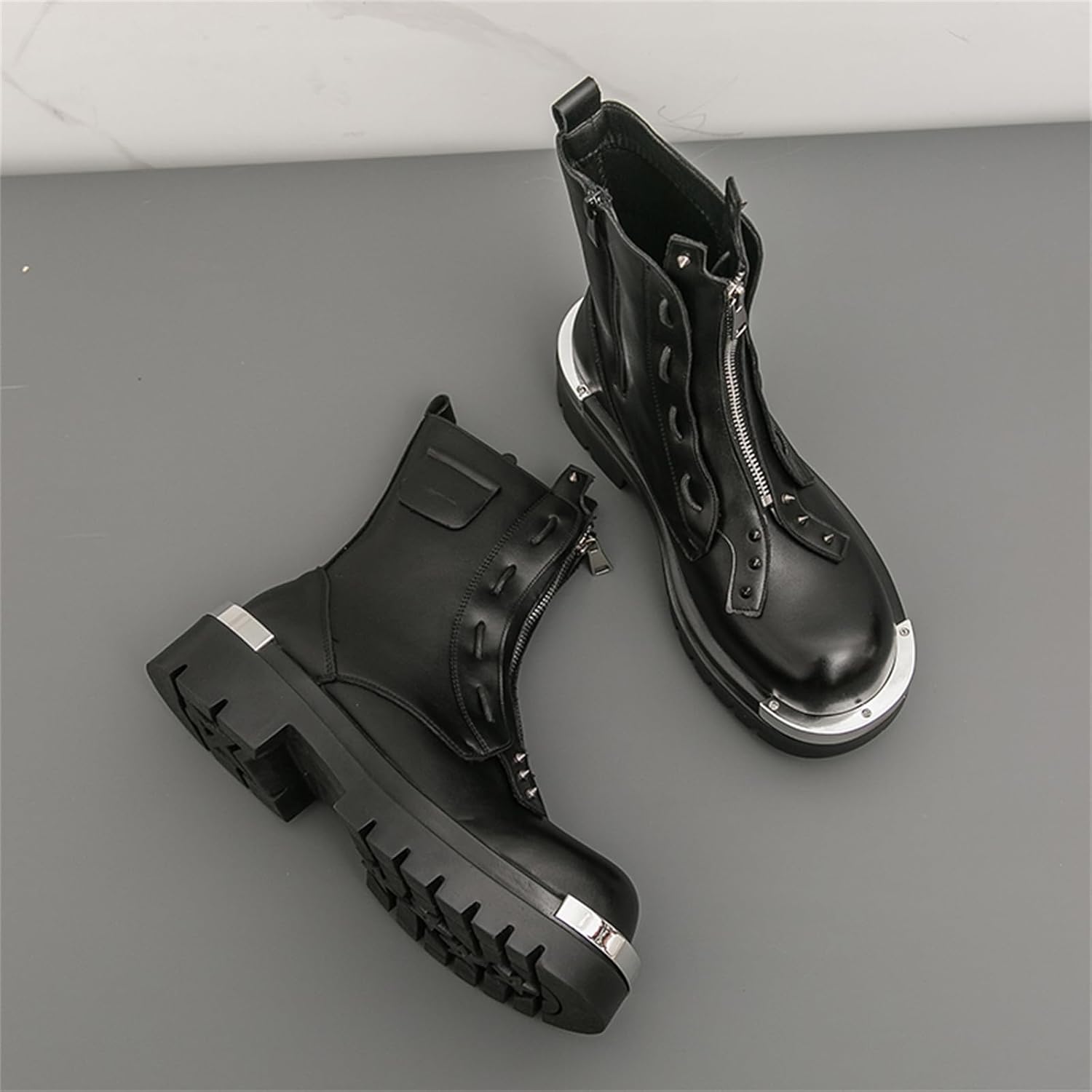 Men's Black Leather Chunky Platform Zipper Front Dress Ankle Combat Boots Closure Casual Non Slip Big Round Y2K Motorcycle Boots for Daily Casual Party Wedding Office