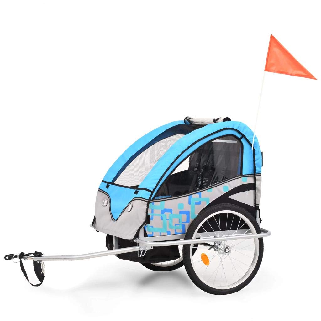 BaraSh Cochecito y Remolque de Bicicleta para niños 2-en-1 Azul Gris Remolque Bicicleta niños portaequipajes Bicicleta