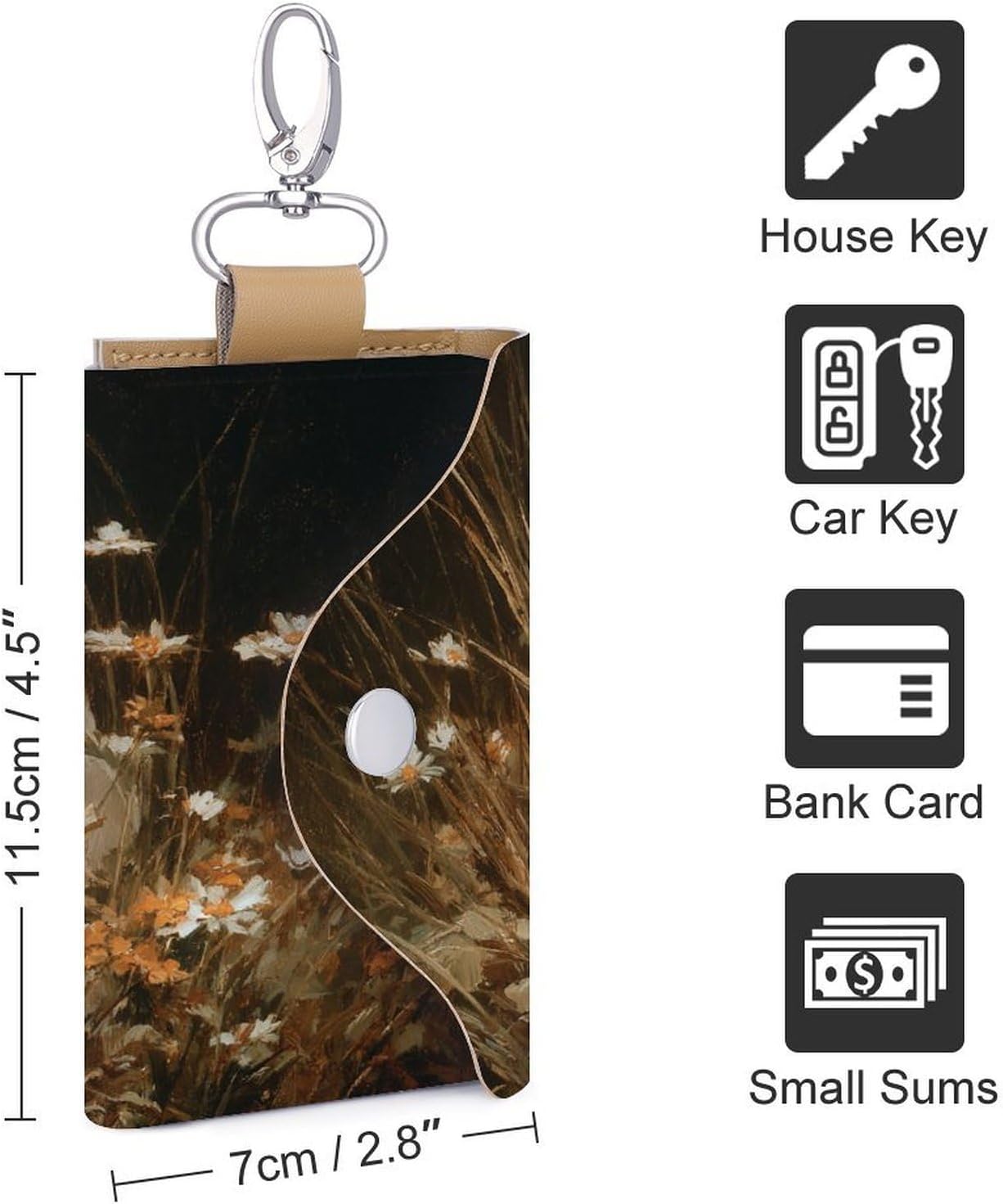 Two Cute Ghosts Wildflowers And Tall Grass Key Holder Bag PU Leather ID Card Holder Keychains Case Cover for Men Women