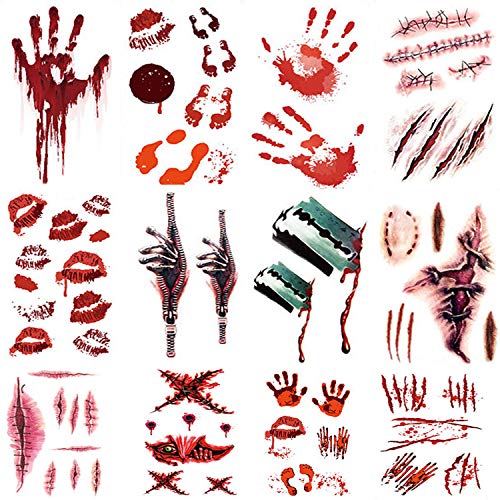 Halloween Post Temporary Tattoos Stickers, 12Sheet Face Tattoos Set, Neck Hands Arm Tattoos Sticker, Fake Tattoos For Halloween Costume Accessories and Parties