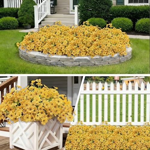 Satefello 20 Bundles Artificial Flowers for Outdoors Fall Autumn Decoration, UV Resistant Fake mums with Plastic Plants, Faux Silk Flowers for Outside Front Porch Patio Decor-Yellow - image 4