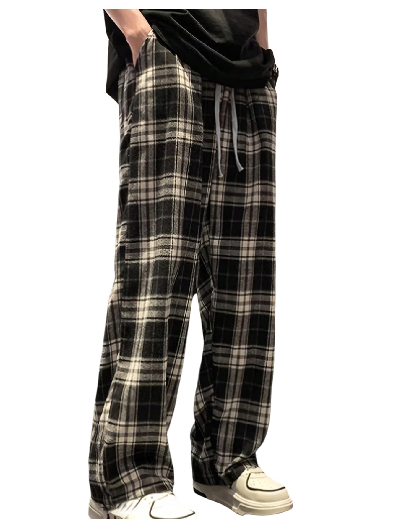 OYOANGLE Mens Plaid Straight Leg Pants Elastic Drawstring Waist Casual Lounge Trousers with Pocket