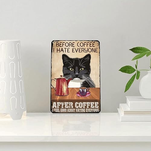 Miniatura 6 de Letreros de hojalata vintage con texto en inglés "Before Coffee Hate Everyth" ("Before Coffee Hate Everyth"), letrero de lata con diseño de gato