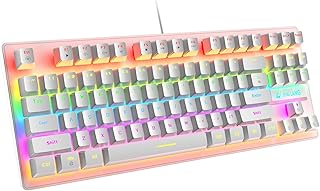 K2 Mechanical Gaming Keyboard, Wired Mini 87 Keys Blue Switch Mechanical Compact Keyboard with 8 Rainbow Backlit Mode,12 Multimedia Button, 29 Keys Anti-ghosting for Gamers and Typists-White