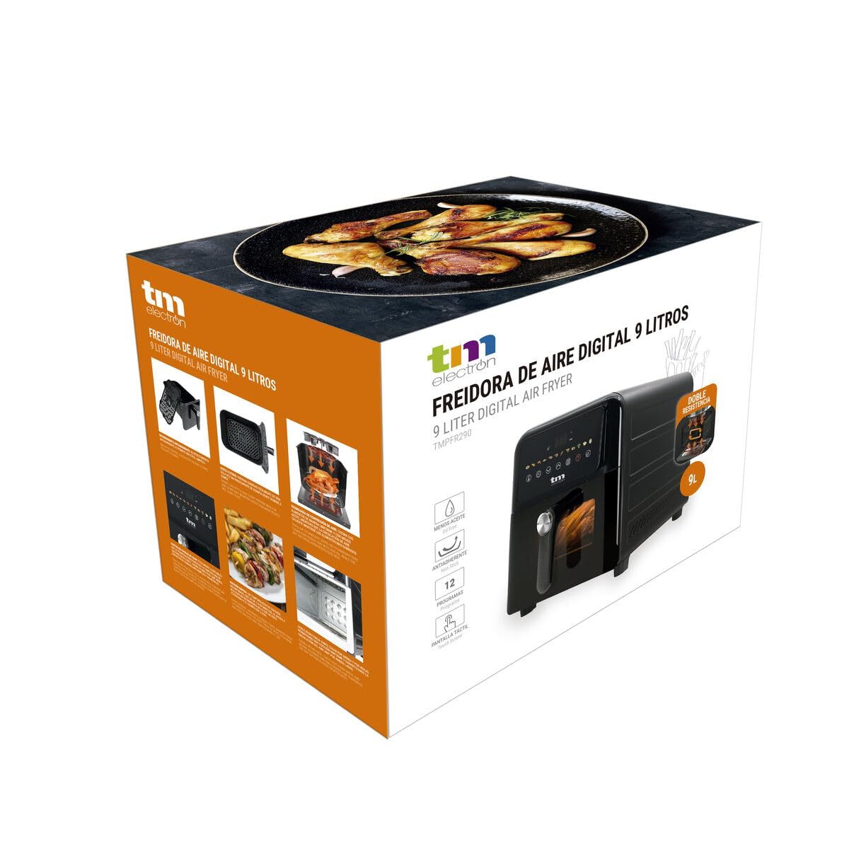Freidora de aire TM Electron TMPFR290 9 L · 2000 W · Panel táctil · 12 programas · Cesta antiadherente · Negro