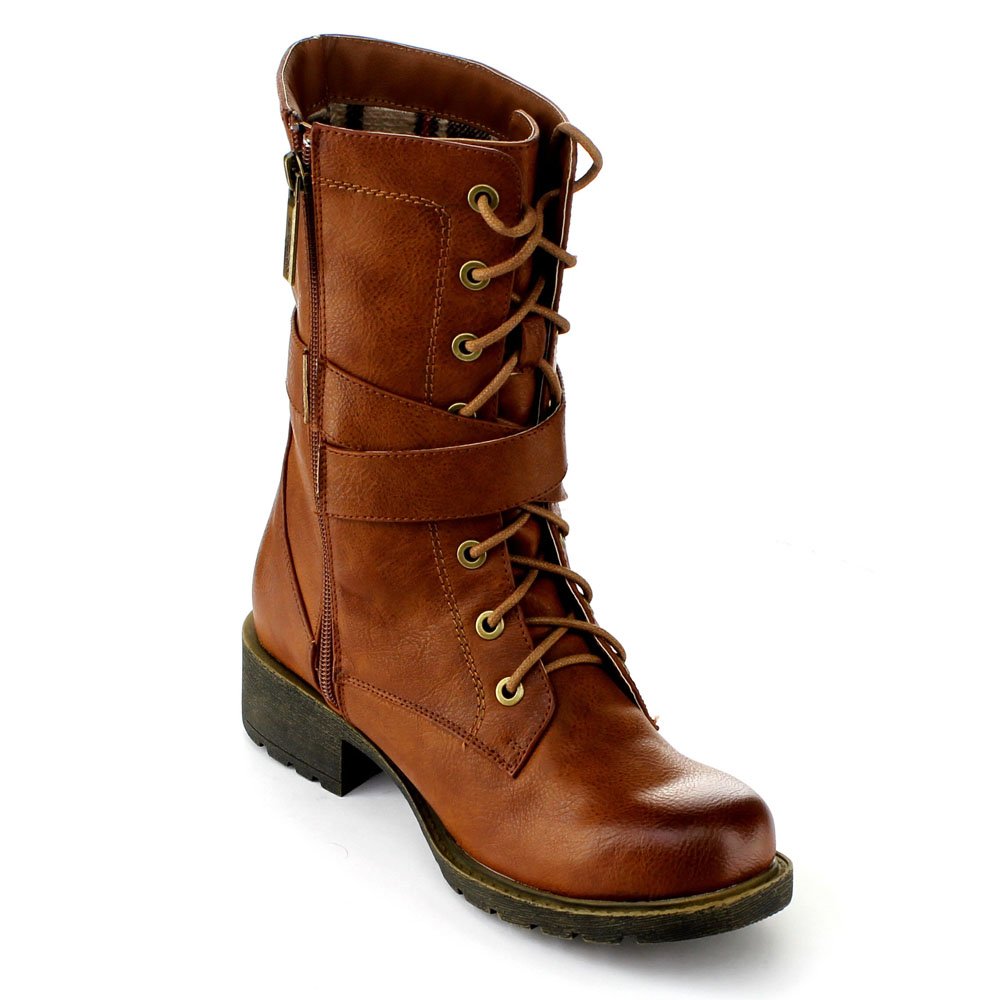 Womens Margin-1 Military Side Zipper Lace Up Combact Riding Mid-Calf Boot