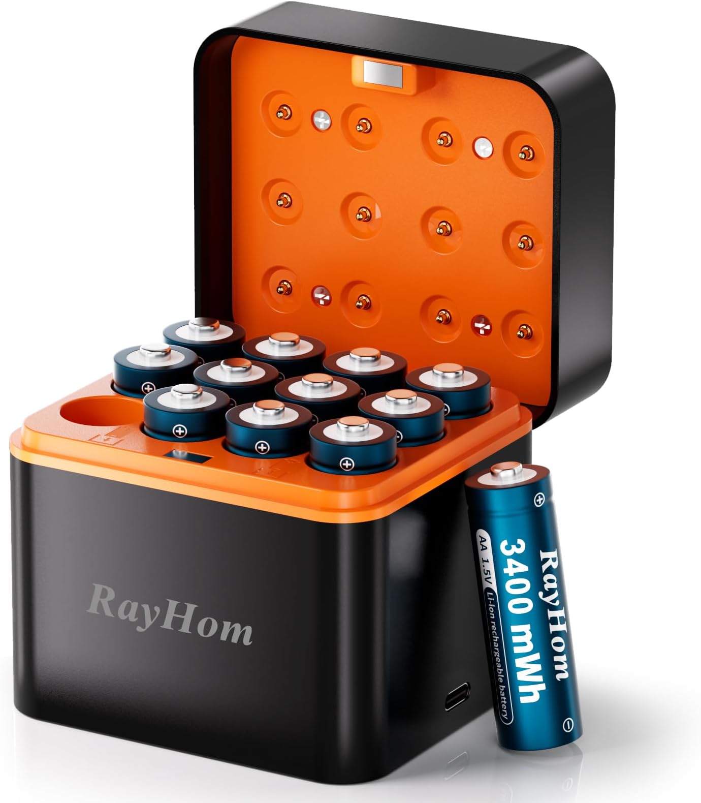 12-Pack Rechargeable Lithium aa Batteries with Charger, 1.5V Constant Output, 3400mWh High Capacity, 12-Slot Double A Li-ion Charger with Smart Charging, Multiple Charging Protections