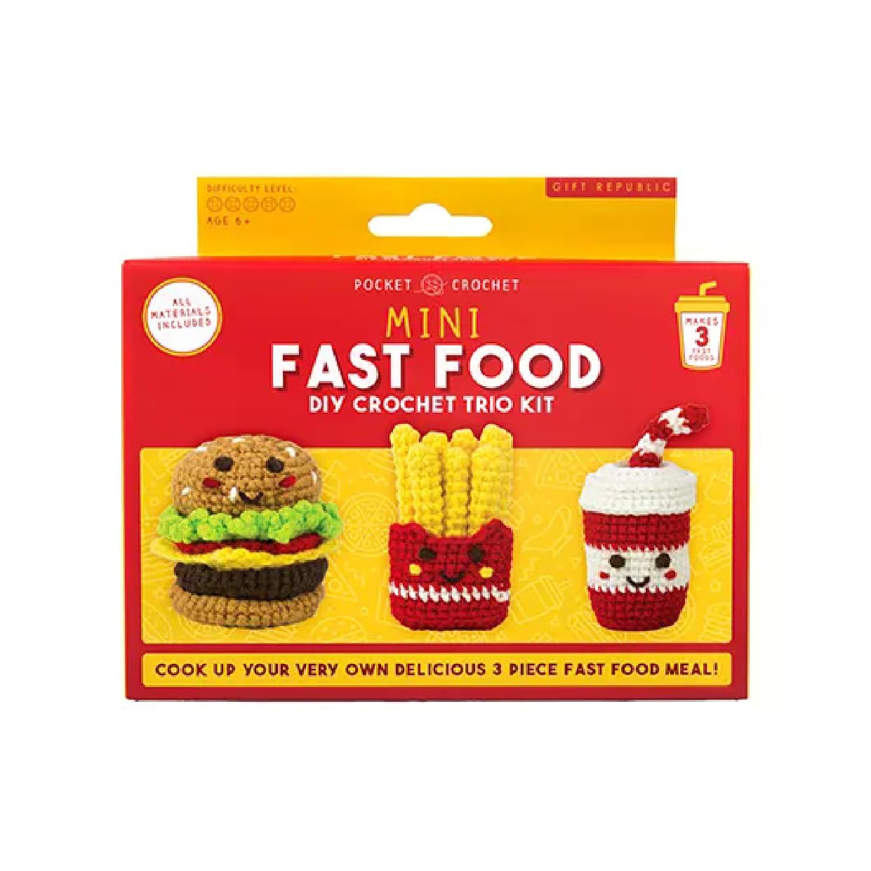 Mini Fast Food Crochet Kit – DIY Crochet Trio Set for Beginners | Make Burger, Fries & Drink Characters | Complete Craft Kit with Hook & Yarn | Ages 6+