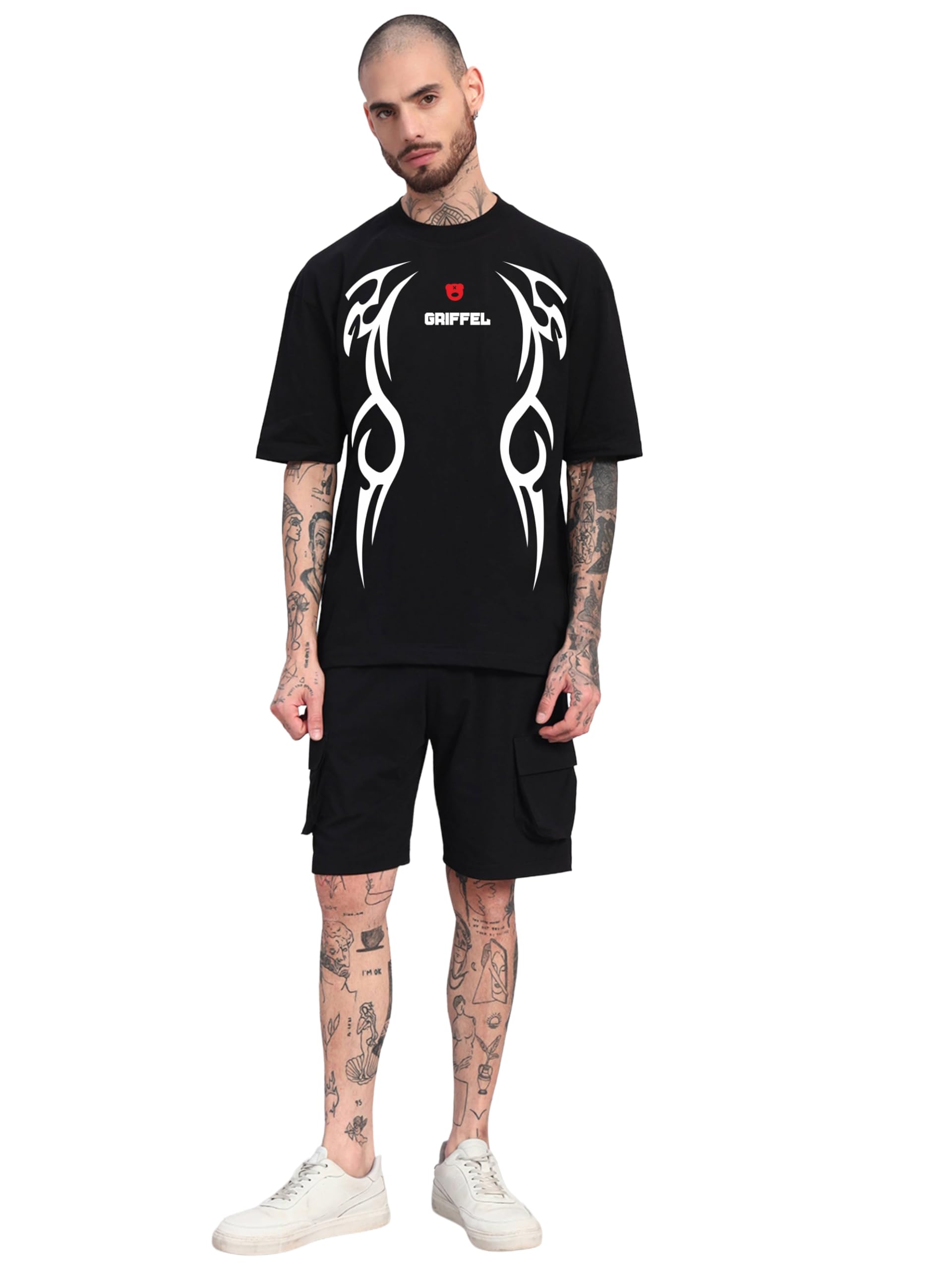 Men’s Oversized Cotton Co-Ord Set | Echo Graphic Relaxed Fit T-Shirt with Matching Cargo Shorts | Streetwear Summer Outfit-image-4