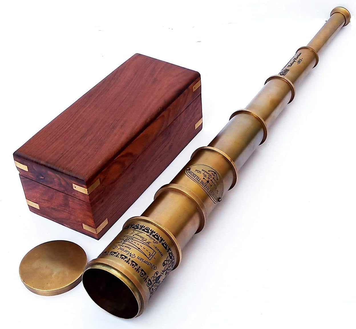 Vintage Brass Telescope, 20 Inch, Victorian Style 1915 with Wooden Storage Box