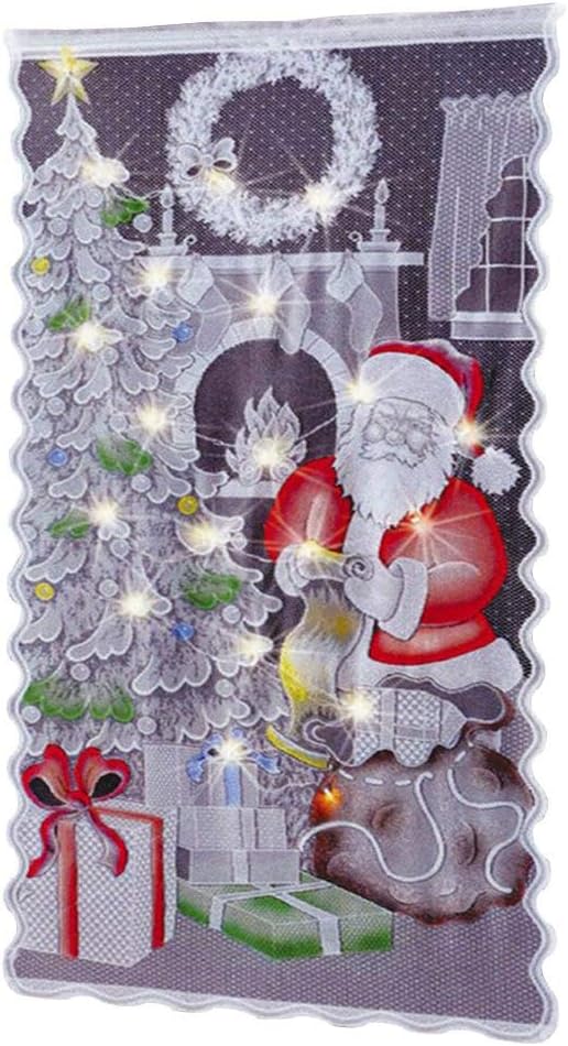 HEITIGN Christmas Curtains Curtain Christmas Lace Curtains LED Light Santa Claus Half Blackout Curtains Living Room Bedroom Home Decor (White)