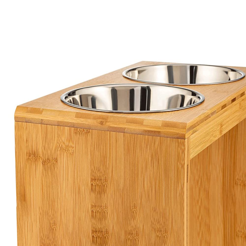 Ciotole Alzate per Cani e Gatti - Set con 2 Ciotole in Acciaio Inox e Supporto in Bambù - Mangiatoie Elevate con Piedini Antiscivolo (Legno Naturale)