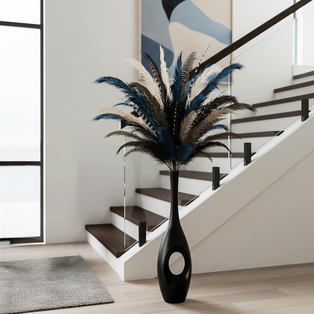 23.6" Black Floor Vase – Donut-Shaped Oval Body with Slim 3cm Neck, Modern Tall Decorative Vases for Living Room, Entryway, Office Decor – Resin Tall Floor Vase