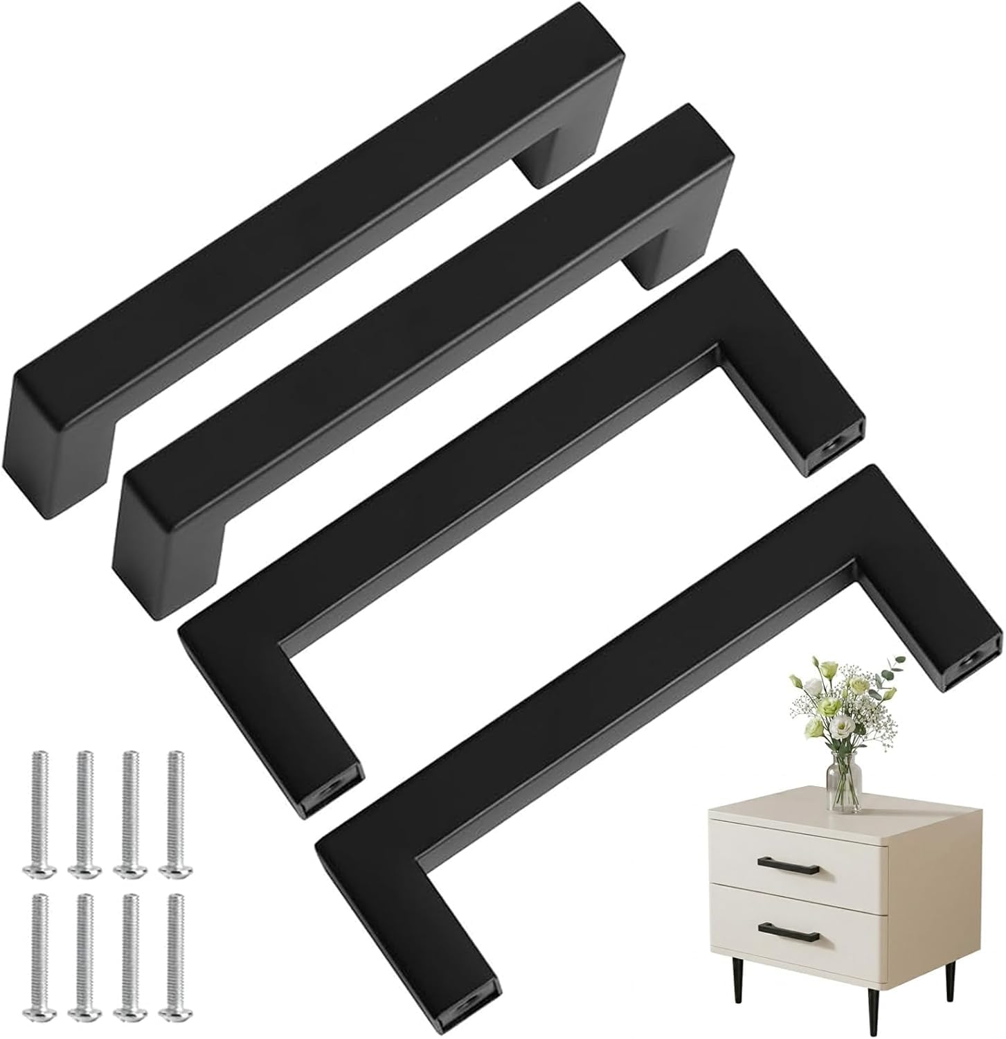 Fresilkora Cabinet Handles, Black, 96 mm, Hole Spacing, Pack of 4, Furniture Handles, Stainless Steel Kitchen Handles for Drawers, Kitchen Cabinets, Modern Cabinet Door Handles, Robust Furniture