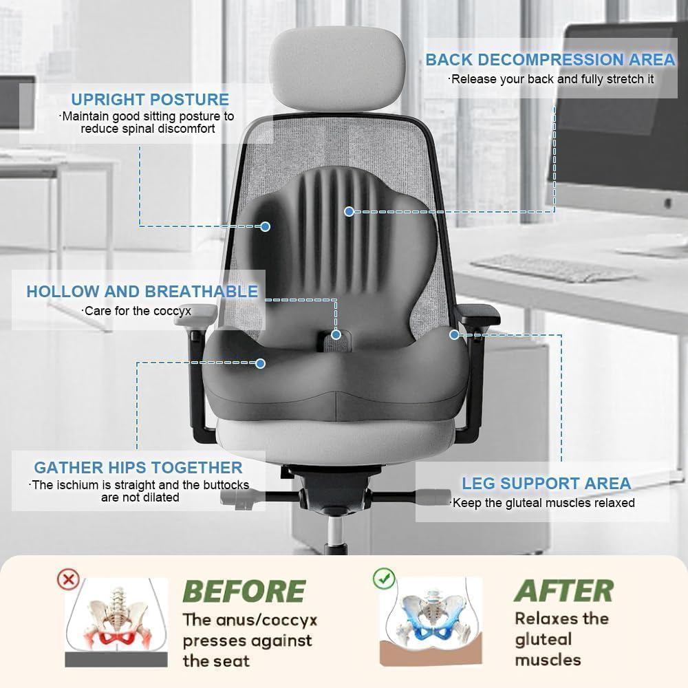 HoldOneLight Cuscino seduta ergonomico in memory foam per ufficio, auto e gaming, allevia dolori sciatica, coccige e sacro, supporto per colonna lombare e parte inferiore della schiena