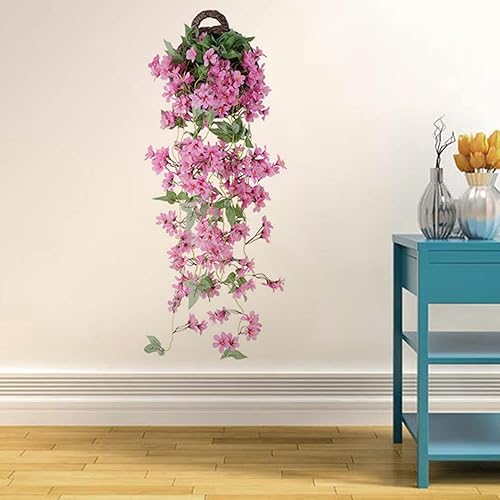 Miniatura 5 de LUOZZY Simulación de flores colgantes de vid con cesta, flores de cerezo falsas para decoración del hogar (rosa, 37.4 in)