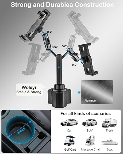 Miniatura 6 de woleyi Soporte doble para tableta para taza de automóvil, brazo de metal doble Soporte ajustable resistente para vasos de automóvil, soporte para