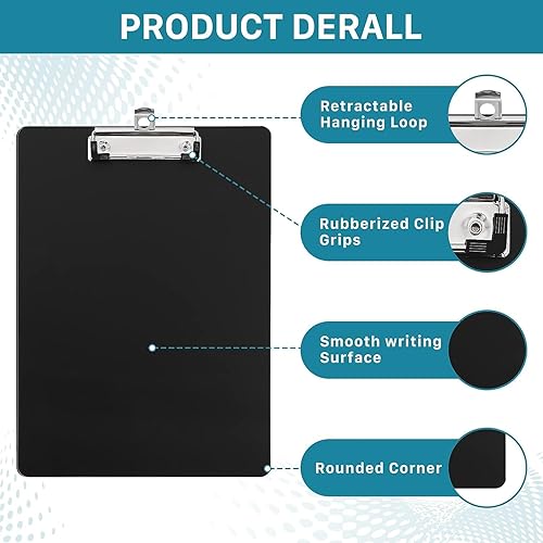 Miniatura 3 de Paquete de 15 portapapeles de plástico, portapapeles de plástico, tablero de clip con clip de perfil bajo, portapapeles negro de 12.5 x 9 pulgadas,