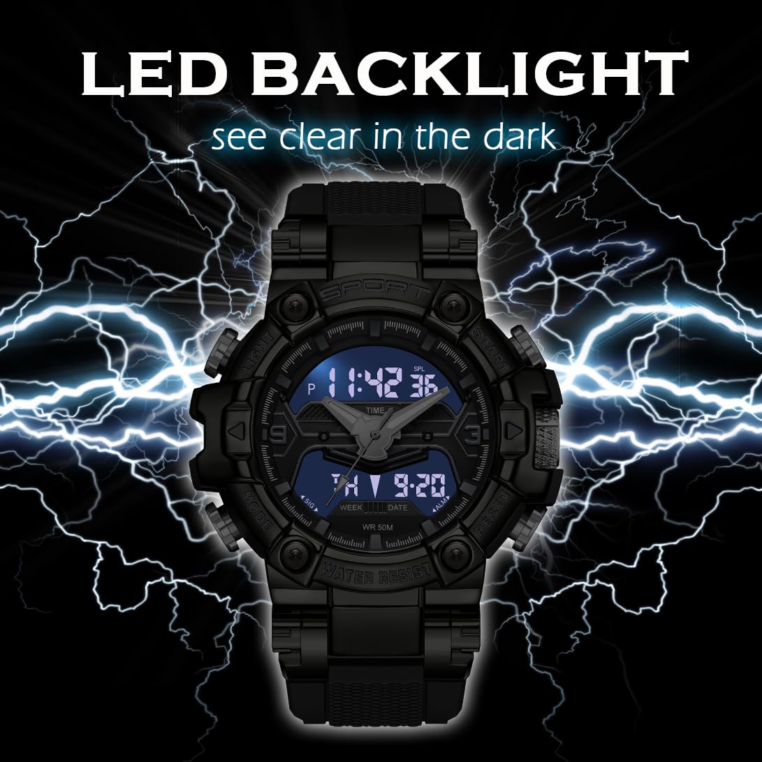 findtime Reloj deportivo militar para hombre, reloj digital resistente al agua con retroiluminación LED, alarma, cronómetro