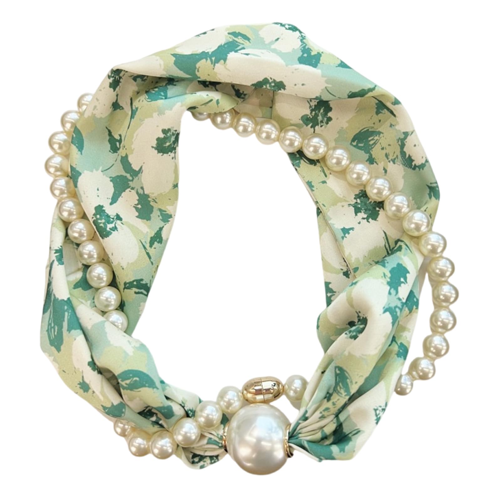 Thoanby Women's As The Picture Show Scarf,Magnetic Clasp Pearls Chain Necklace Floral Satins Scarf Elegant Silk Skinny Narrow Neckerchief For Fashionable