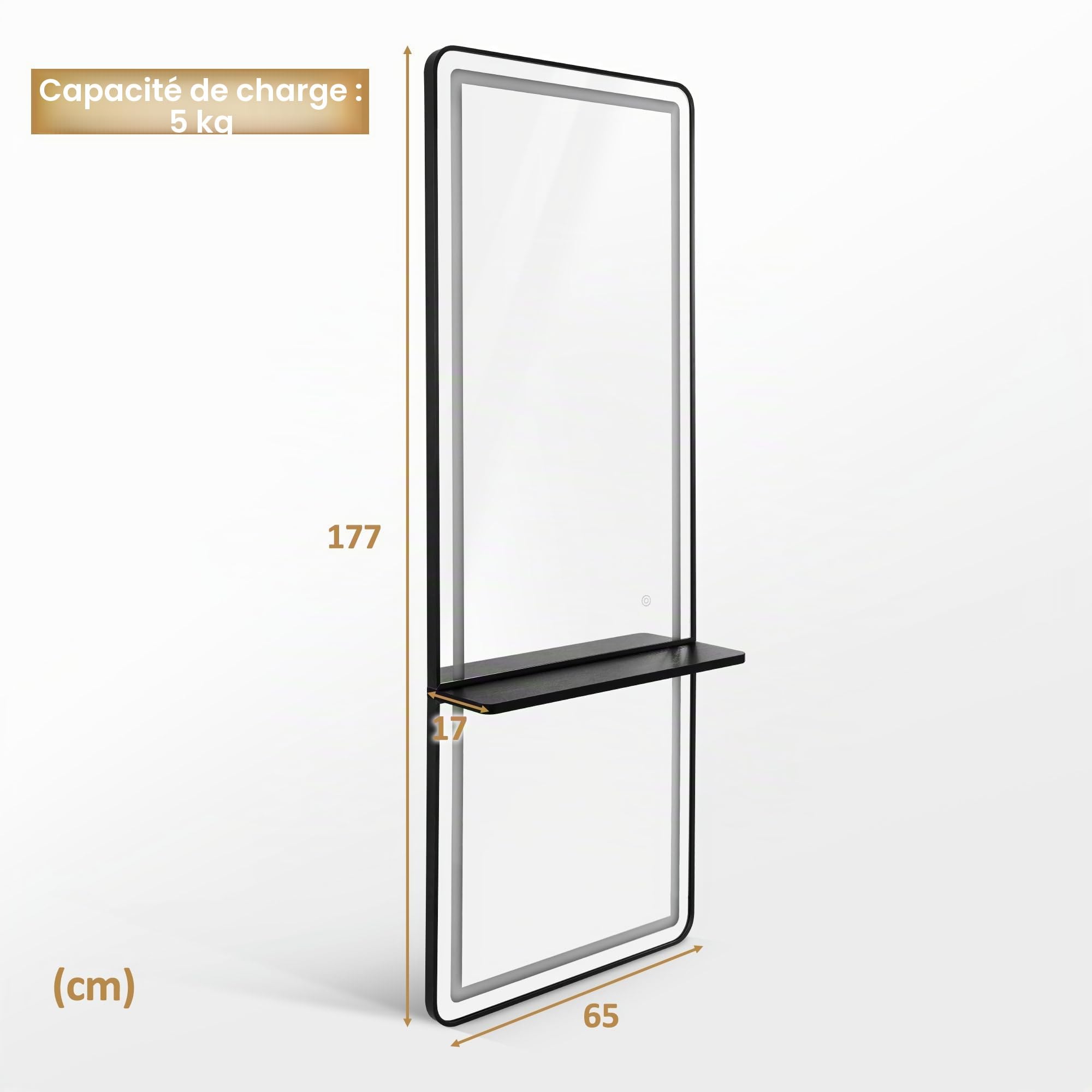 Barberpub Miroir Mural avec éclairage, Niveau Complet du Corps avec Cadre en Aluminium, Grand Miroir avec Interrupteur Tactile, 3 Couleurs légères dimmables, 17x65x177 cm, J6271 (Noir)