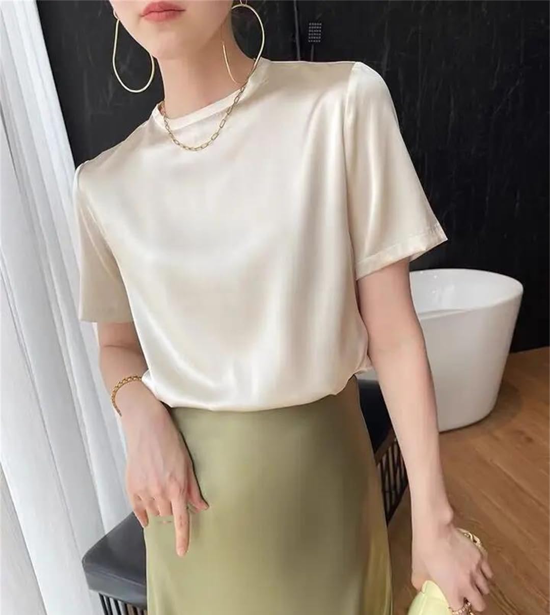 T-shirt da donna in raso di seta a maniche corte stile coreano estate elegante top tinta unita camicia casual allentata