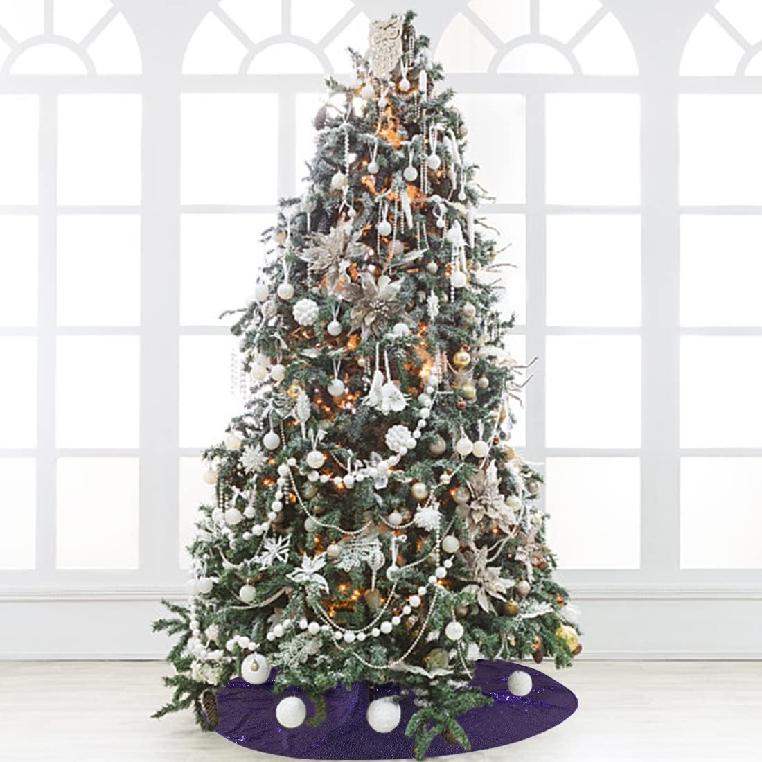 Sequin Christmas Tree Skirt, Sequin Xmas Tree Mat Glitter Sequin Tree Skirt Sparkle Halloween Tree Skirt for Thanksgiving New Year Tree Skirt (50", Purple)