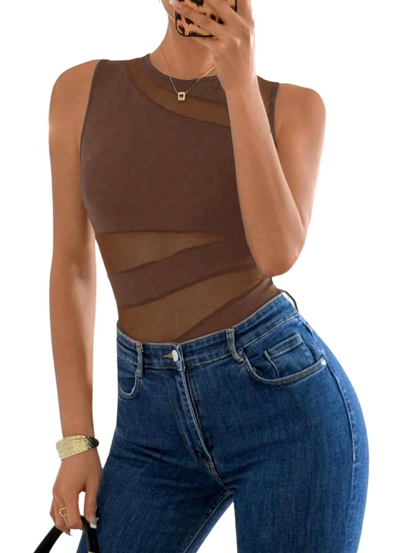 GORGLITTER Body sans manches pour femme - Transparent - Col rond - Body d'été en maille - Élégant débardeur