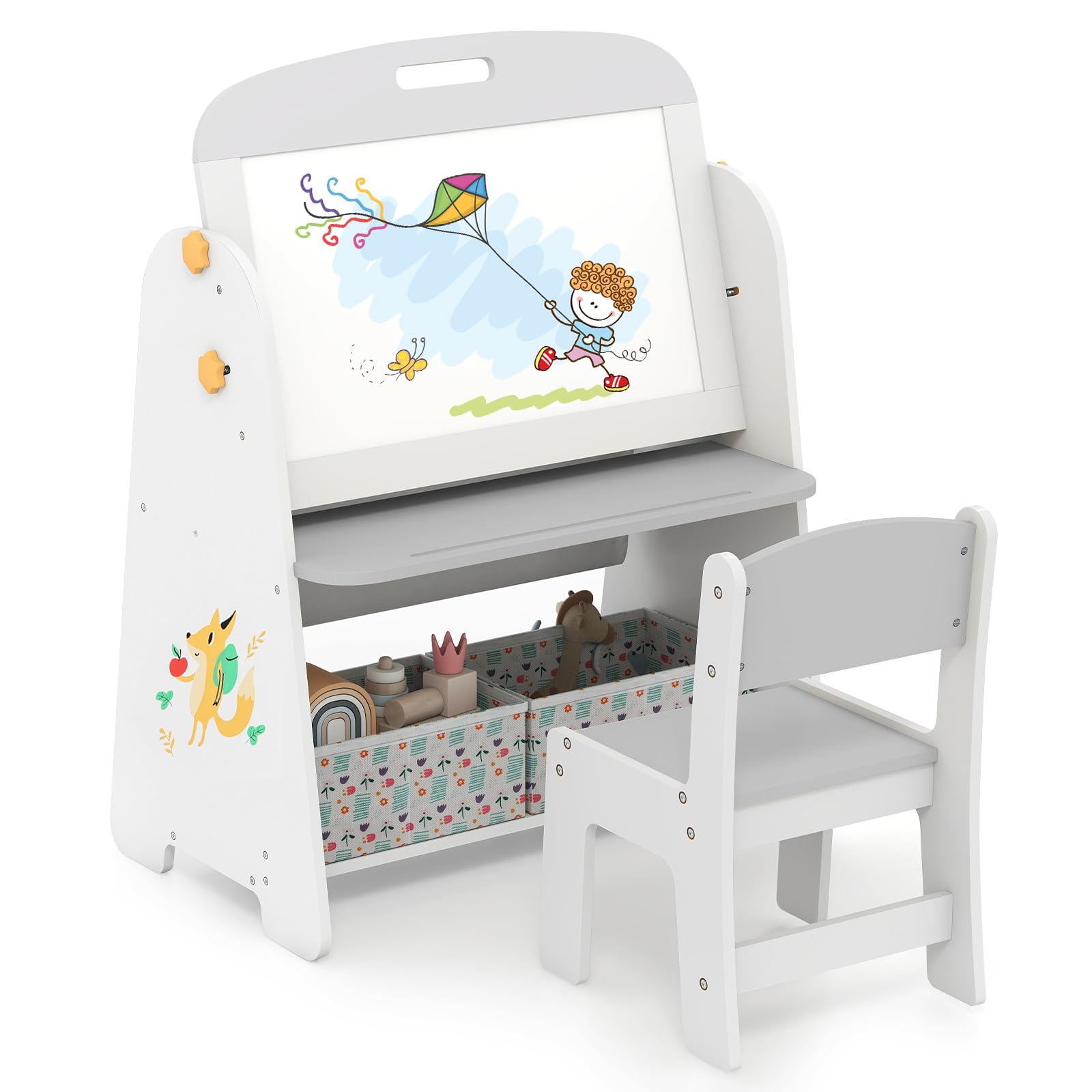 LIFEZEAL Juego de Mesa y Silla Infantil de Madera, Mesa Actividades Multifuncional con Diseño Ergonómico y Bloques de Construcción, Muebles Seguros para Niños de 1 a 5 Años (Blanco grisáceo)