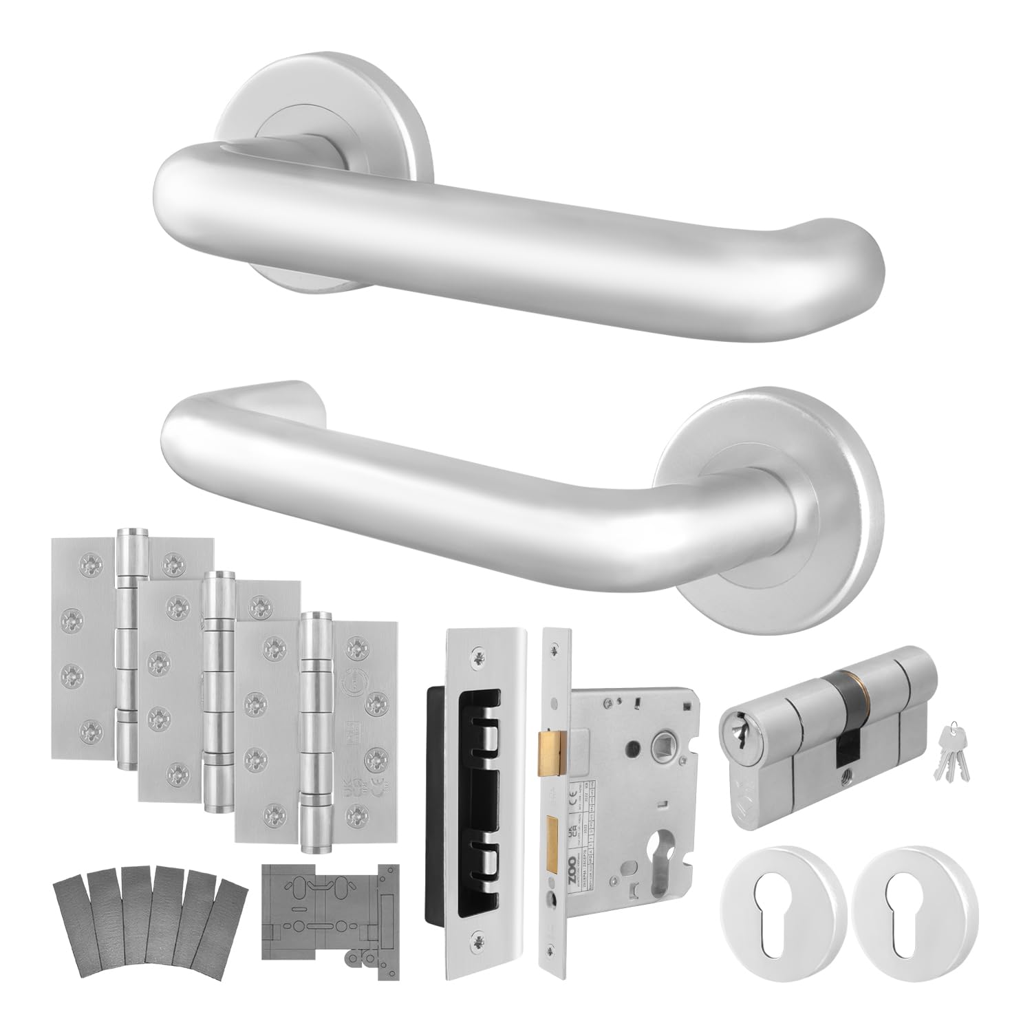 EAI Return to Door Lever on Rose Handle Euro Cylinder Lock, Hinge Kit for Fire Doors, Satin Aluminium 19mm Diameter Handle