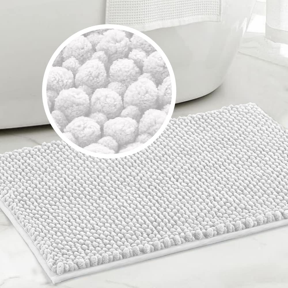 Turquoize Bathroom Rugs Non-Slip Chenille Bath Mat for Bathroom 20 x 32 Inches Extra Soft and Absorbent Shaggy Rugs, Machine Washable Perfect for Bathtub and Shower Floor, 32" X 20", White