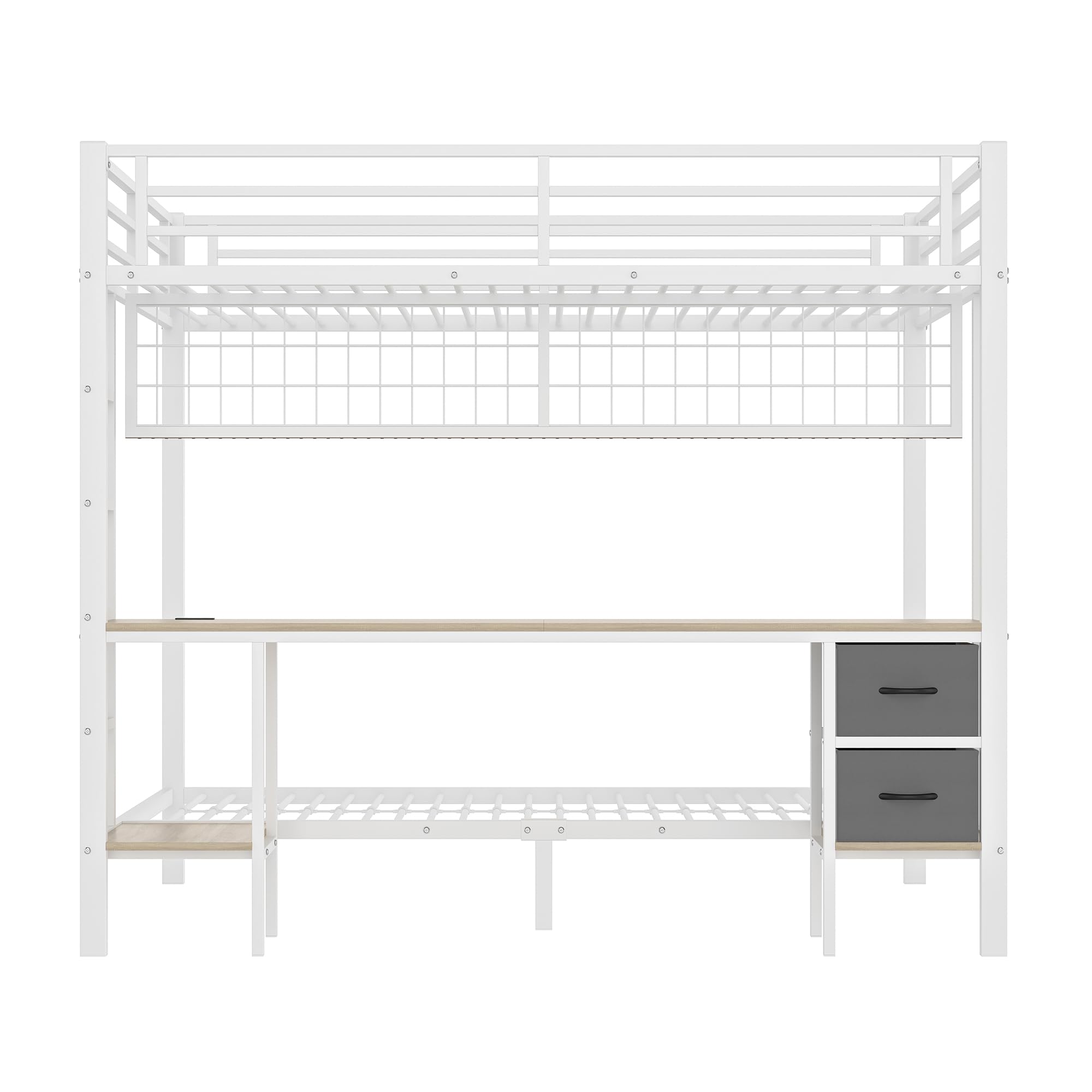 Zepneiy Letto a soppalco 140 x 200 cm, con 7 LED colorati e presa USB, letto a soppalco con scrivania e cassetti, letto per ragazzi con scala e ringhiere, bianco (senza materasso)