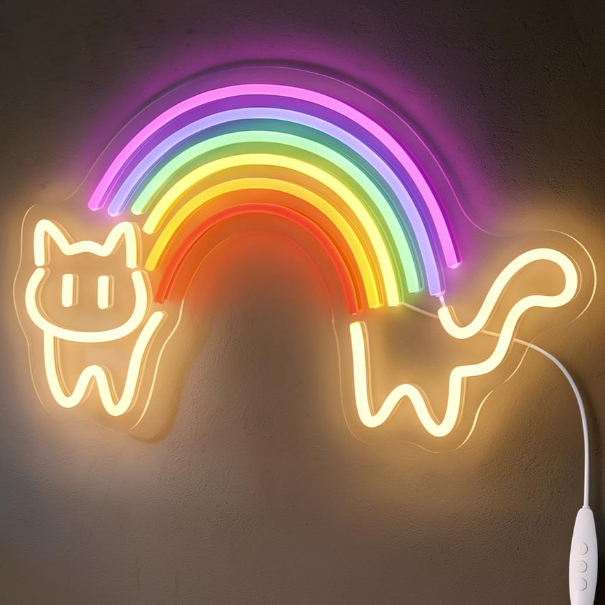 Image of Rainbow Cat LED Neon Sign, Dimmable USB Light for Kids Room Wall Decor Gift