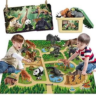 Mini Tudou 12 Pcs Safari Animals Figures Toys w/ 57x38.6 Large Activity Play Mat, Realistic Jumbo Jungle Wild Zoo Animals Figurines Playset w/ Elephant, Giraffe, Lion for Kids Toddlers Boys & Girls