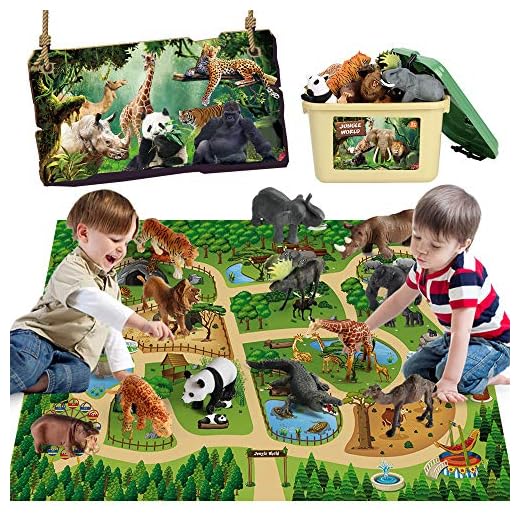 Mini Tudou 12 Pcs Safari Animals Figures Toys w/ 57x38.6’’ Large Activity Play Mat, Realistic Jumbo Jungle Wild Zoo Animals Figurines Playset w/Elephant, Giraffe, Lion for Kids Toddlers Boys Girls