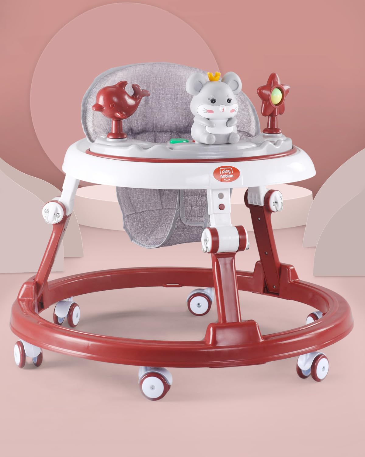 Play Nation Premium Multi-Function 2 Adjustable Height Baby Walker with Toy Bar & Music | 360° Swivel Wheels, Detachable Play Tray Cum Food Tray & Foldable Safe Activity Walker for Kids (Red)