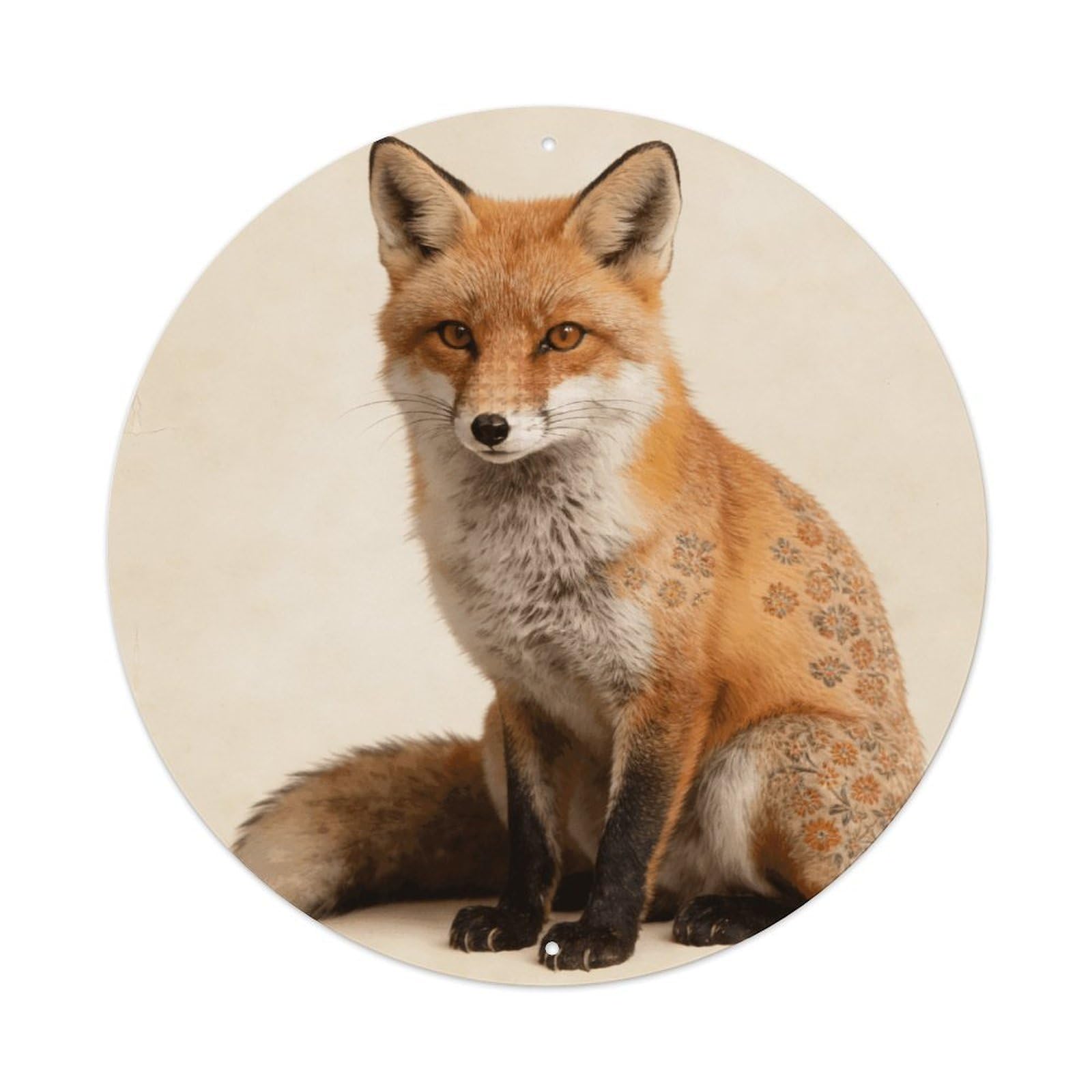 LZQPOEAS Fox Print Round Aluminum Wall Art Sign, Metal Indoor Wall Decor with Holes, Durable Circular Aluminum Plaque for Home, Bar, Cafe, Living Room, And Office Decoration