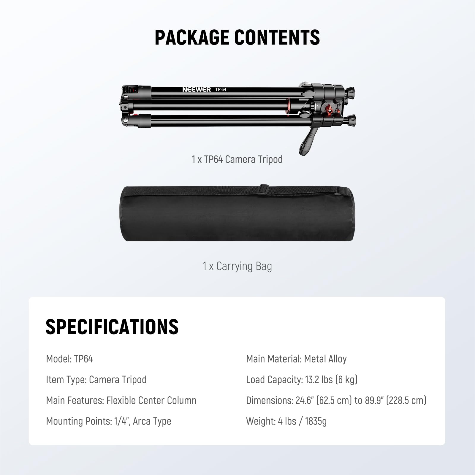 NEEWER Poziomy statyw do kamery górnej, monopod z głowicą płynu i elastyczną kolumną środkową, 90-calowy metalowy stojak podróżny DSLR, płyta QR typu Arca i odwrócone nogi, maksymalne obciążenie 6 kg