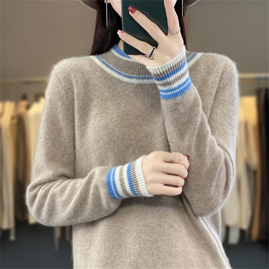 Women's 100% Wool Sweater Striped Half High Collar Basic Long Sleeve Tops Winter Soft Warm Knit Pullover