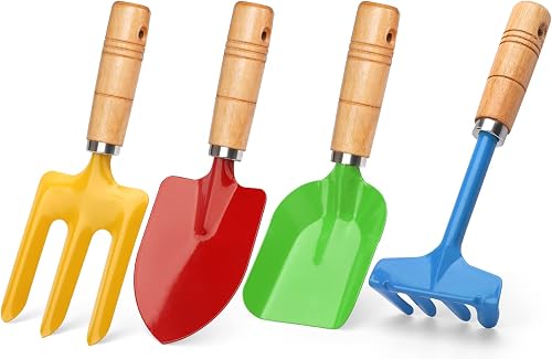 Anzmtosn Kids Metal Garden Tool Set Sand Toy, Rake, Spade, Hoe and Leaf Rake, Beach Shovels Scoop Toy, Essential Sandbox Kit Beach Gear Accessories Outdoor Gardening, 4 Pack