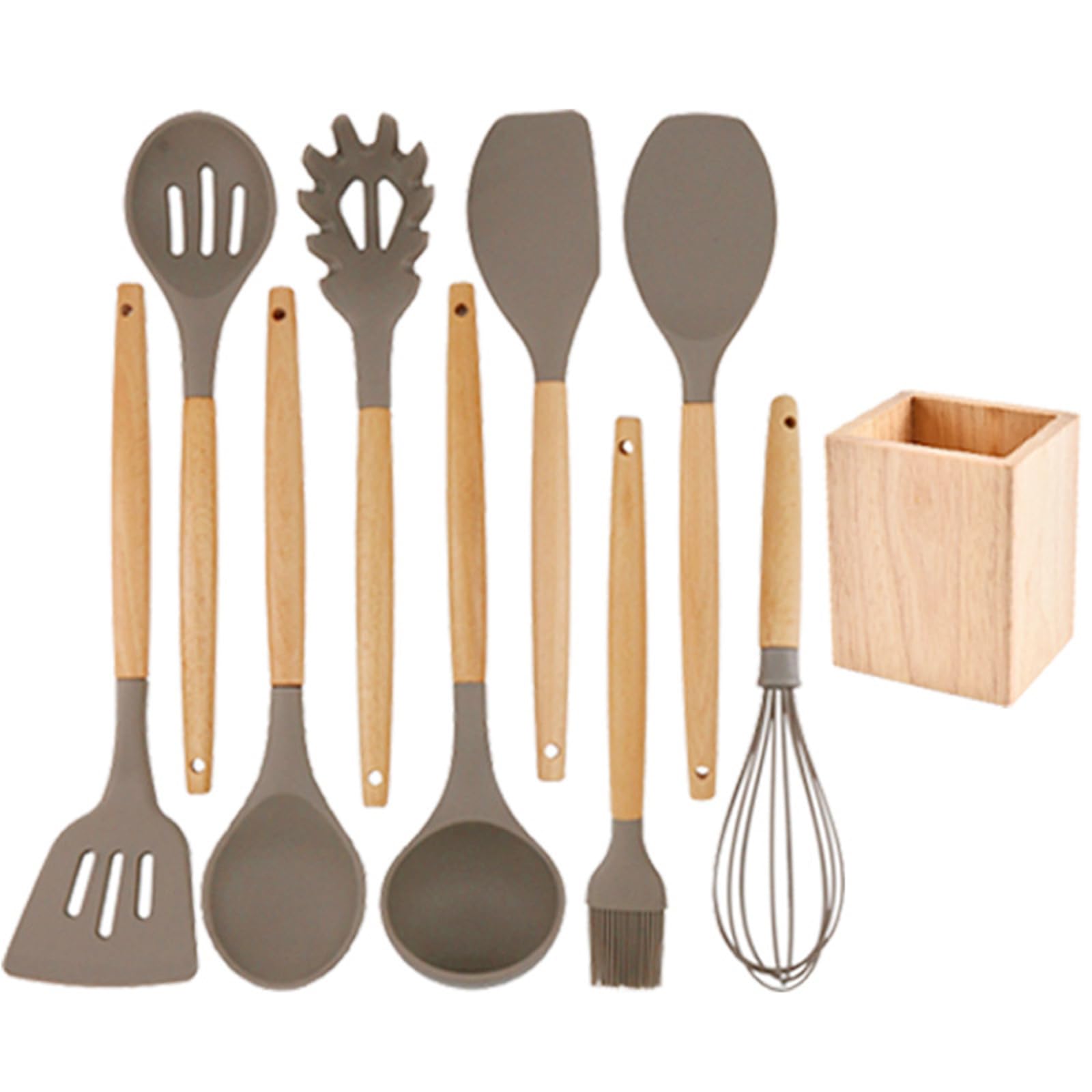 Küchenhelfer Set, 10 Stück Silikon Kochutensilien Kochbesteck Set, Hitzebeständiger Kochgeschirr Mit Aufbewahrungseimer,Antihaft Kochset Küchenutensilien Mit Holzgriff, Tongs, Whisk, Spatula