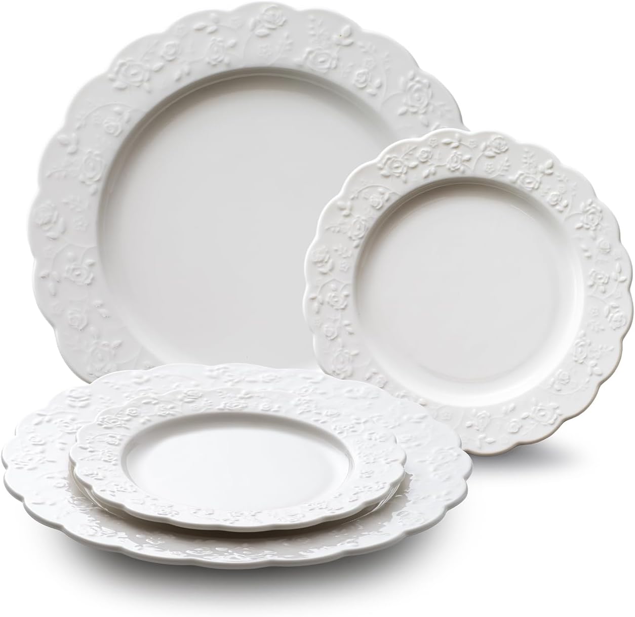 4 Piece Rose Embossed Porcelain Round Plate Set, 2x10 Inch Dinner Plates & 2x 7.3 Inch Salad Plates, White Scalloped Edge Dishware, Microwave,Dishes Set for Breakfast,Party, Kitchen, Housewarming Gift