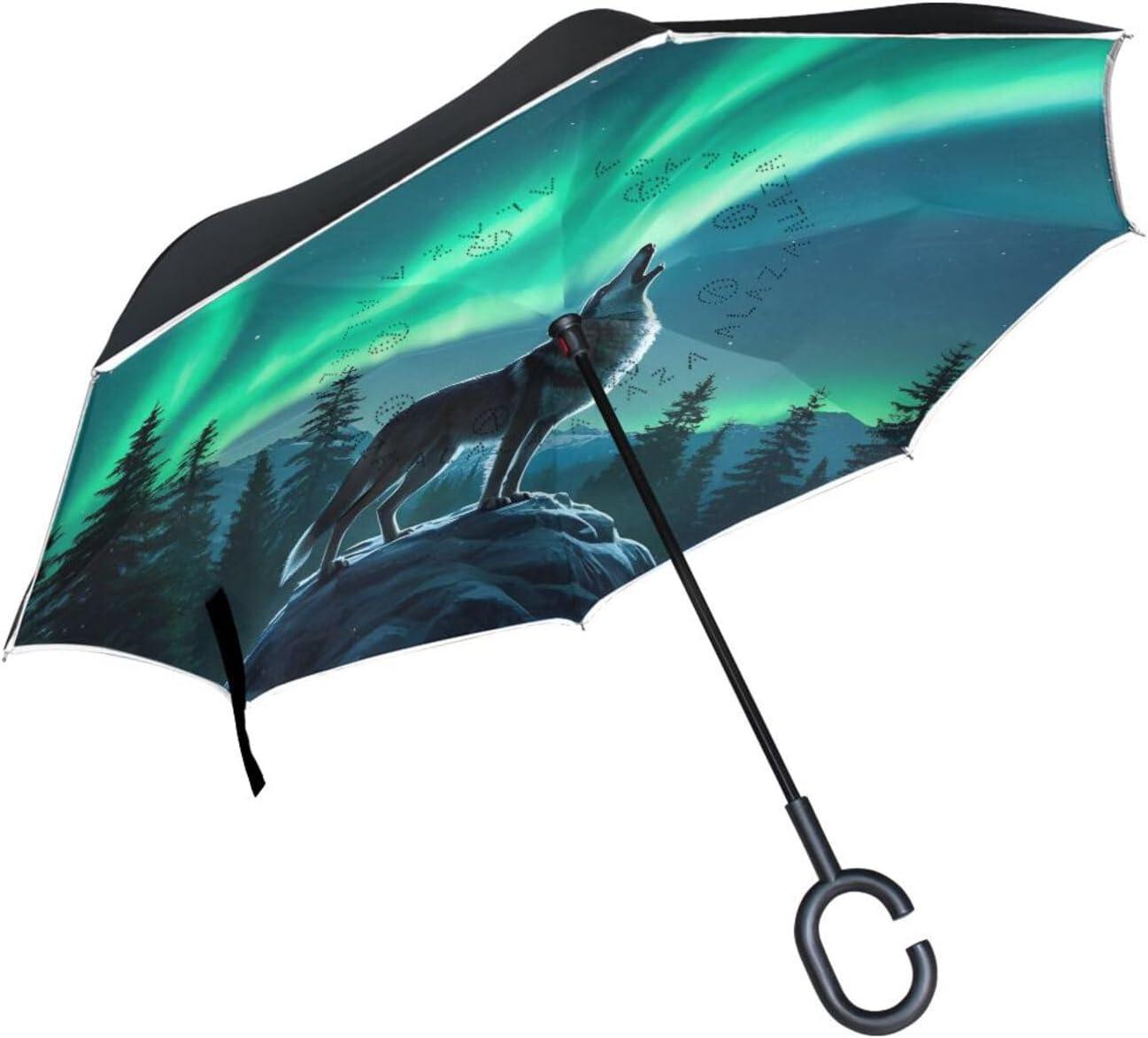 Howling Wolf Aurora Inverted Umbrellas for Rain Windproof Reverse Upside Down Golf Umbrella with C-shape Handle for Men Women