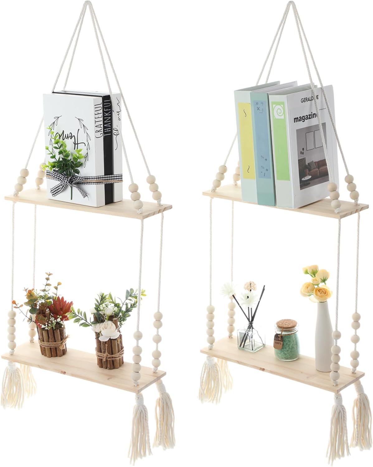 Chunful 2 Pack Macrame Wall Hanging Shelf 2-Tier Boho Wooden Display Floating Shelf Wooden Rustic Plant Rope Hanger Rack with Beads and Tassel for Wall Decor Bedroom Dorm Nursery Living Room Bathroom