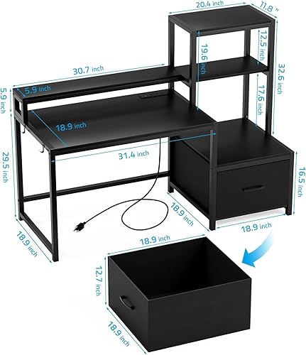 Miniatura 3 de Escritorio de computadora GreenForest con cajones y soporte para monitor, escritorio de oficina en casa con estantes de almacenamiento, escritorio