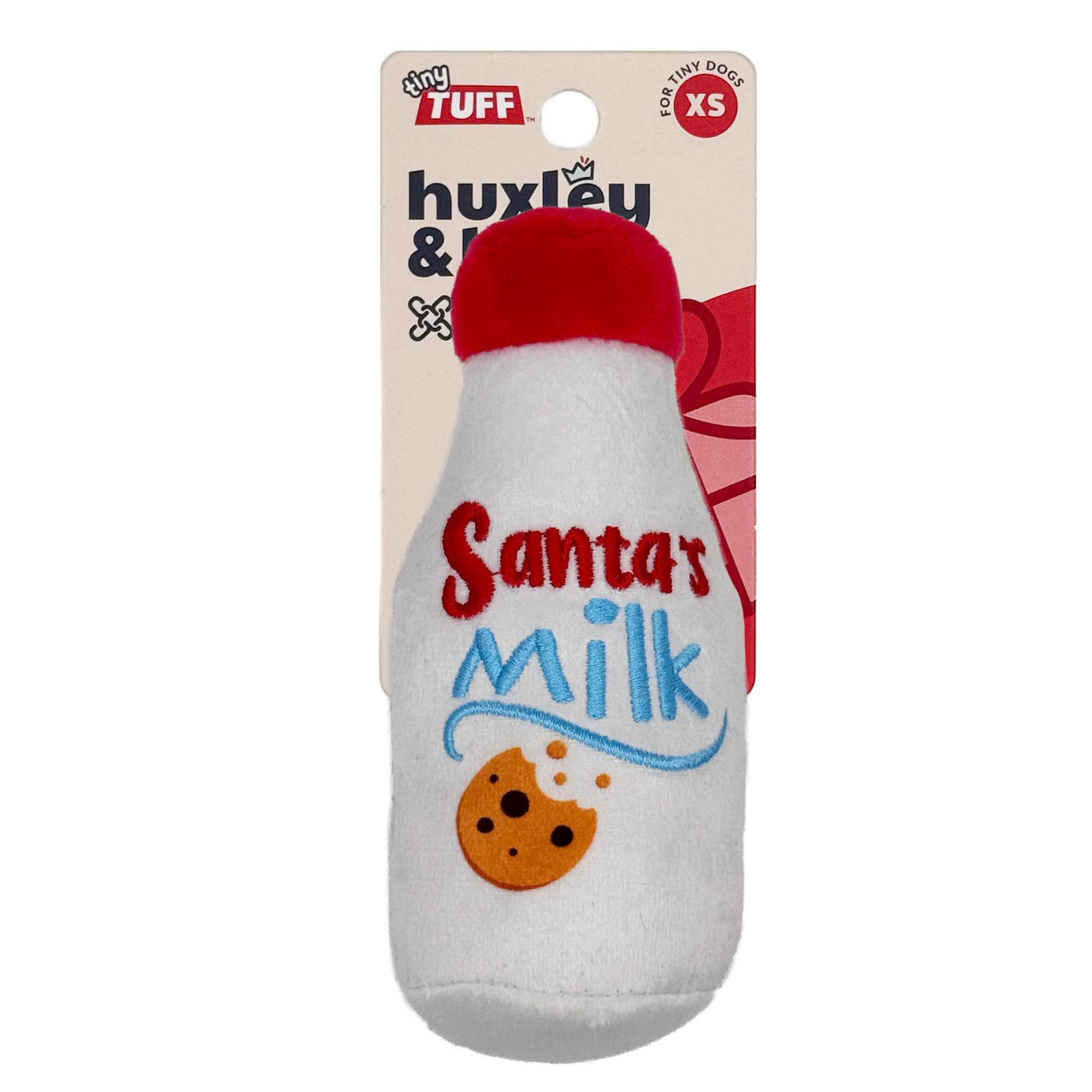 Huxley & Kent Funny Dog Toy w/Squeaker – Holiday Power Plush Squeaky Dog Toys for Small Dogs – Durable Small Stuffed Animal for Indoor Play & Fetch - Tiny Tuff Santa's Milk