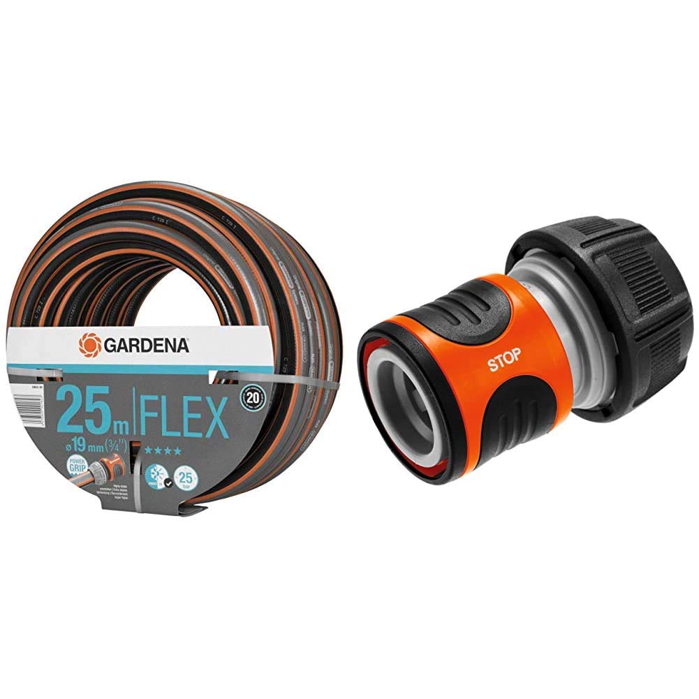 Tuyau Comfort Flex de Gardena 19 mm (3/4"), 25 M : Tuyau d'Arrosage Flexible et Indéformable avec Profilé Power-Grip & Raccord d'Arrosage Aquastop 19 mm (3/4") : Connecteur Enfichable avec Aquastop