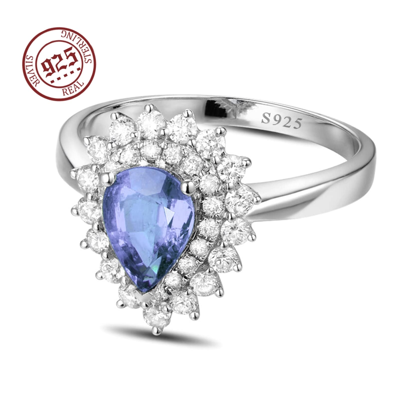 Anillo de compromiso de plata de ley 925, con forma de gota, circonia morada, plata de ley S925, anillo de pareja, anillo de boda, joyería auténtica, tamaño 47-65